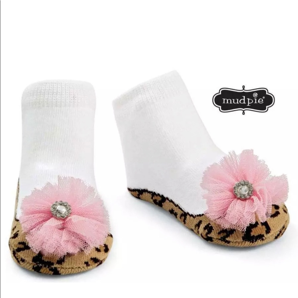 Mud Pie Leopard Pink Puff Socks  0-12 Months  🌸